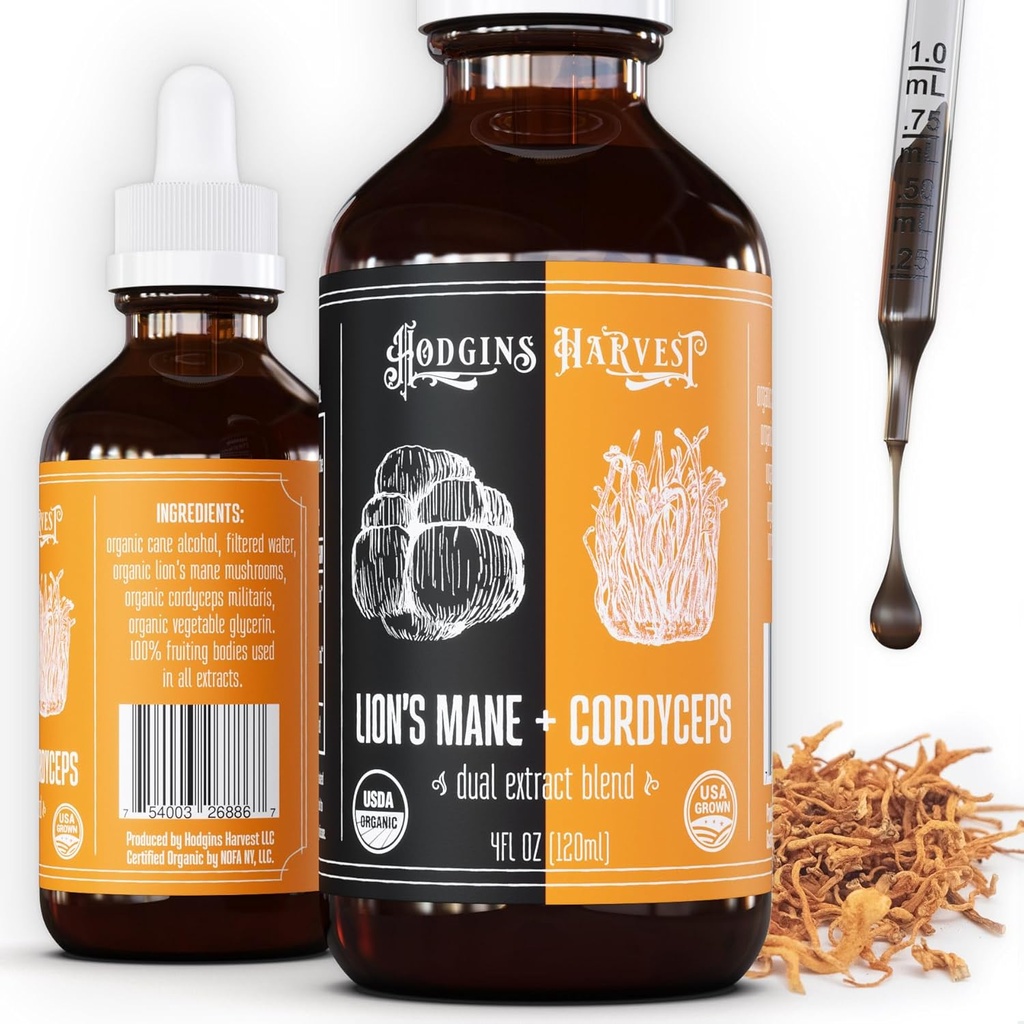 Hodgins Harvest Bio Lion's Mane + Cordyceps Tincture | Hergestellt mit Pilzen auf unserer Farm in den USA | Dual Extract | Extra-Concentrated (4 fl oz)