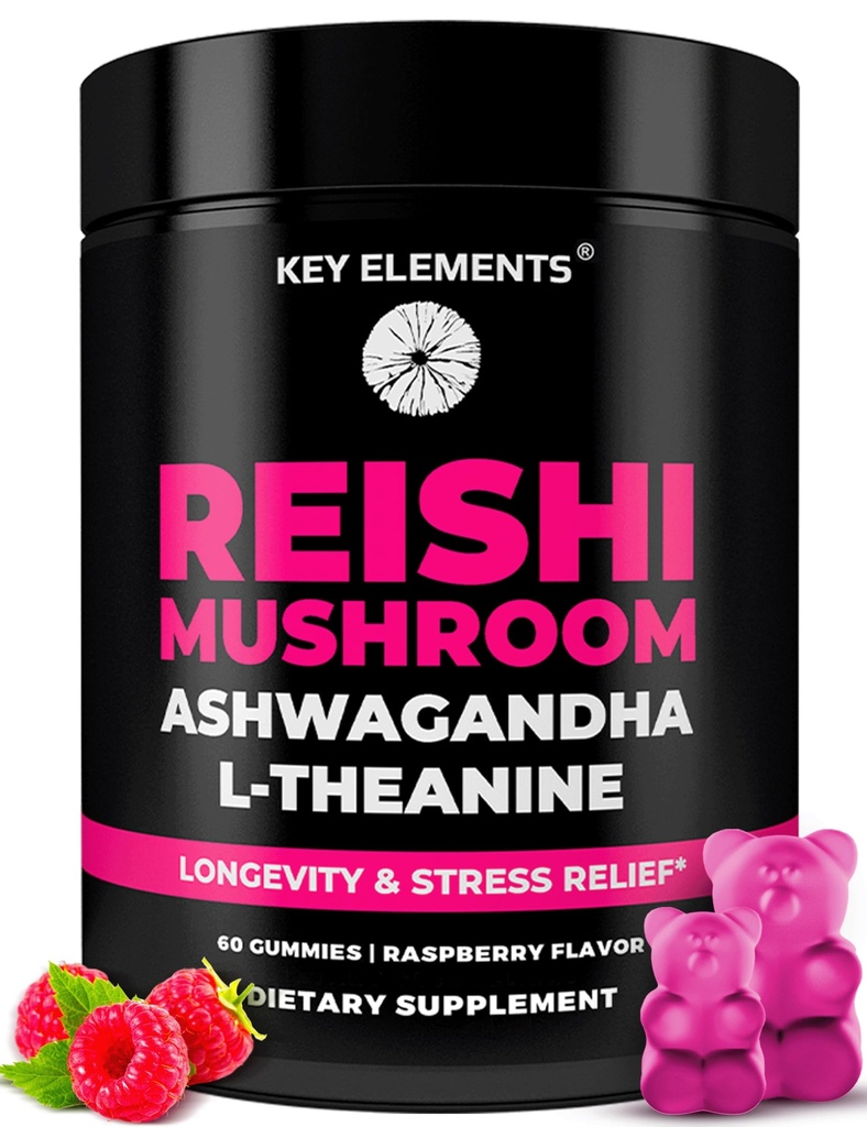 Naturel Reishi Mushroom Gummies & L Theanine avec Ashwagandha - Potent Mushroom Suppléments pour Immuni Support, Stress Relief et Améliorer Gummies de sommeil - Ashwagandha Gummies pour les femmes et les hommes