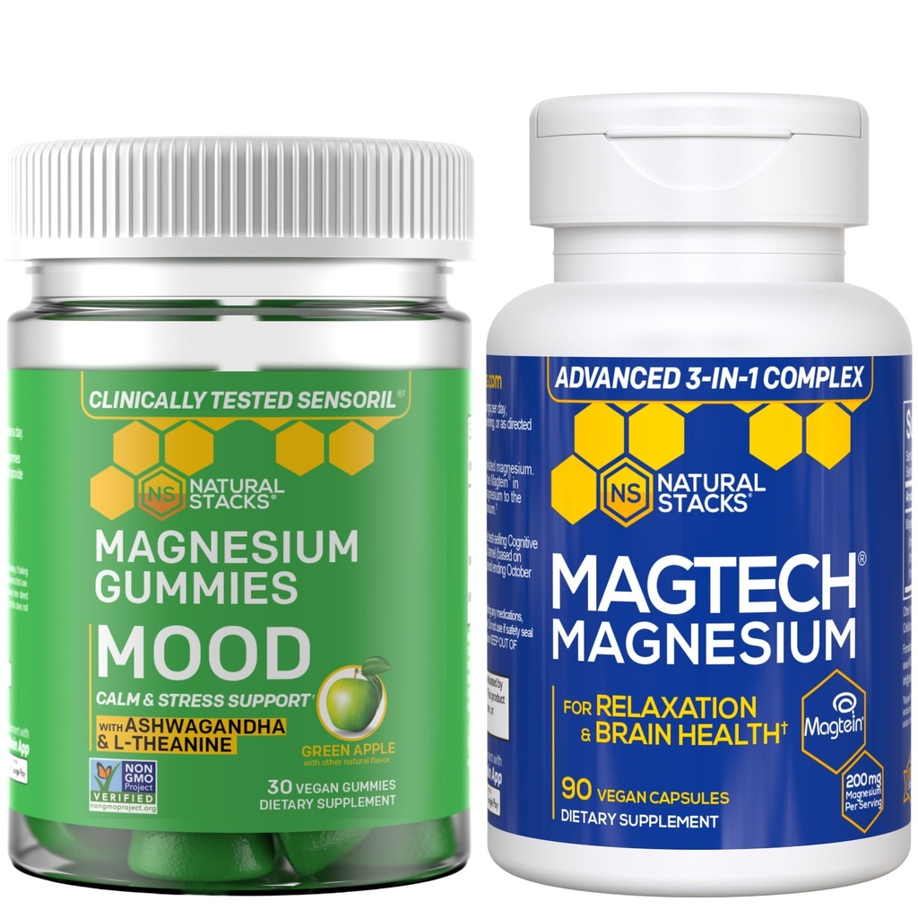 Natural Stacks Magtech + Mood Magnesium Gummie Bundle - 4 Formen von Magnesium - unterstützt Entspannung und Gehirngesundheit* - 120 Stück