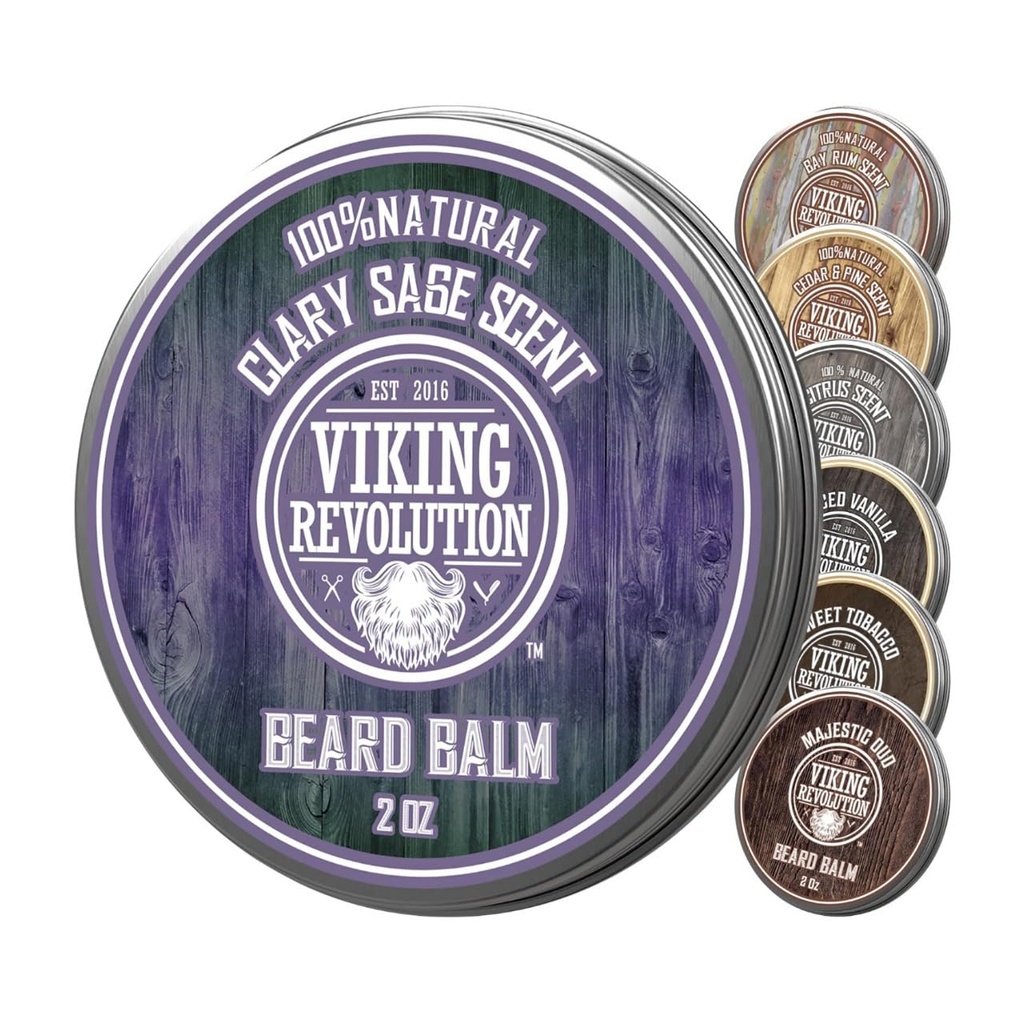 Viking Revolution Clary Sage Bart Balm - Bart Butter mit Argan Öl, Bart Weichmacher für Männer mit Jojoba Öl - Bart Moisturizer für Männer mit Bienenwachs - Bart Wachs für Männer (2oz, 1 Packung)