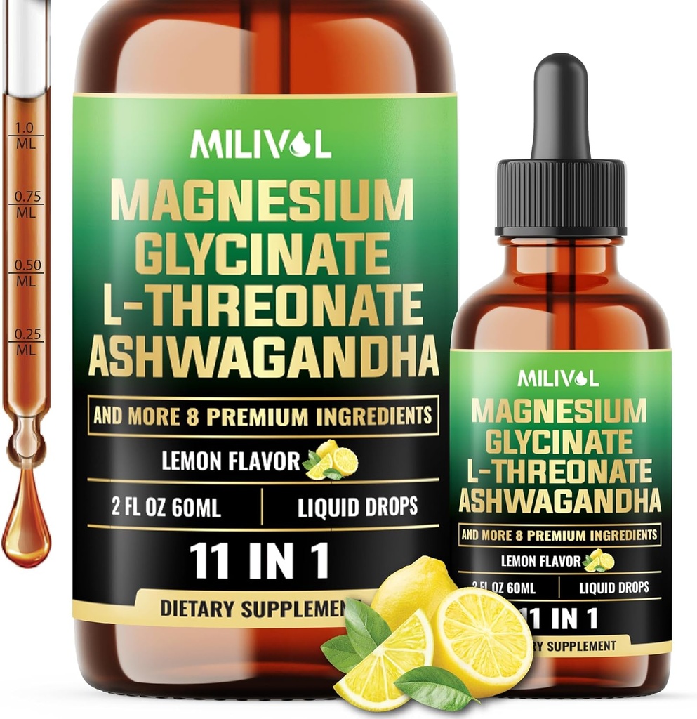 10in1 Magnesio Glycinate Tintura con Magnesio L-Threonate, Ashwagadha, Vitamina D3, C, B6 e Più - Supplemento Cervello e Cortisol - 2 Fl Oz - 60 Giorni di alimentazione - Limone Flavor