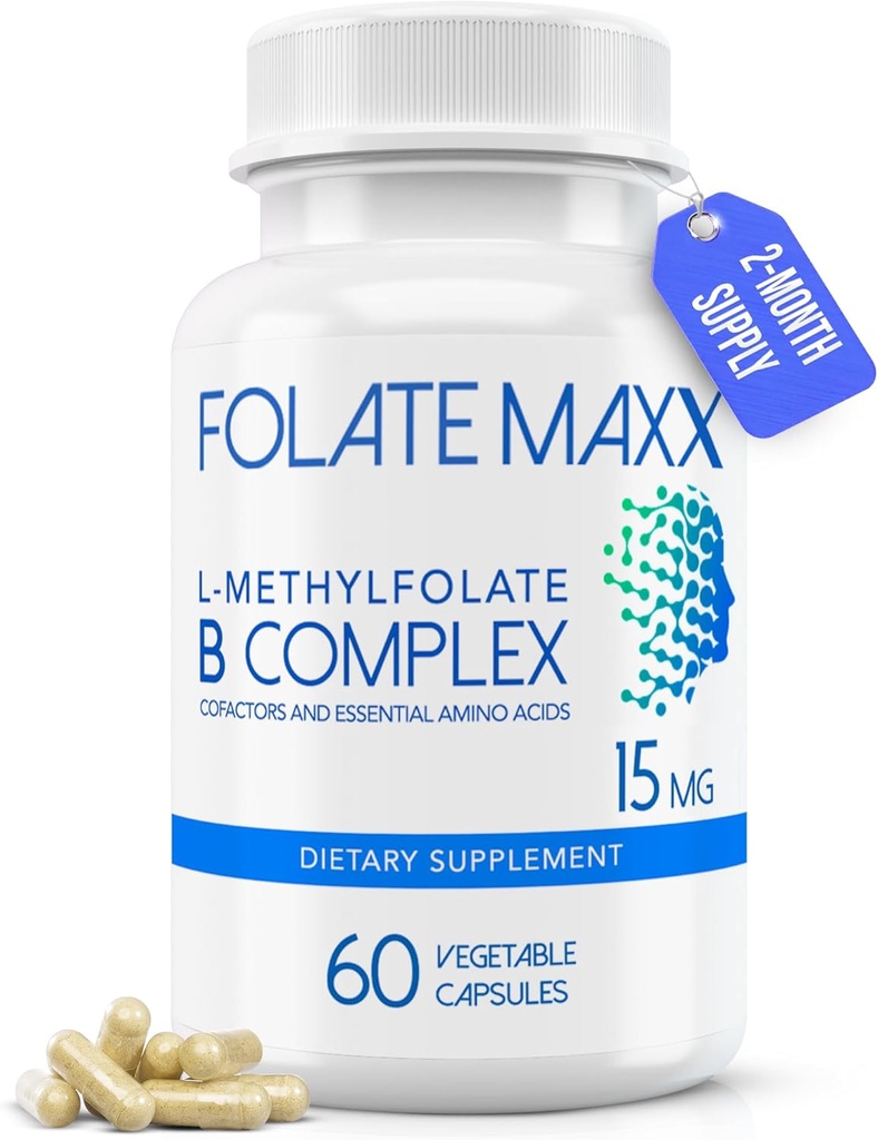 FolateMaxx L-méthylfolate + B12 méthylcobalamine & B6 Blend (15mg) - 60 Capsules - Complexe B actif avec cofacteurs et acides aminés essentiels - Non OGM, sans gluten, sans remplissage