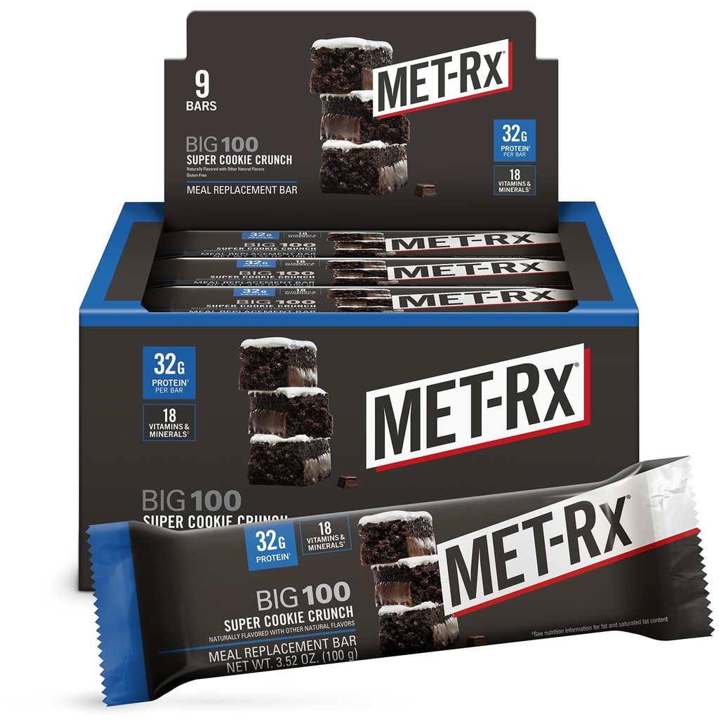 MET-Rx Big 100 Protein Bar, Meal Replacement Bar, 32G Protein, Super Cookie Crunch, 3.52 Oz (Pack of 9)
