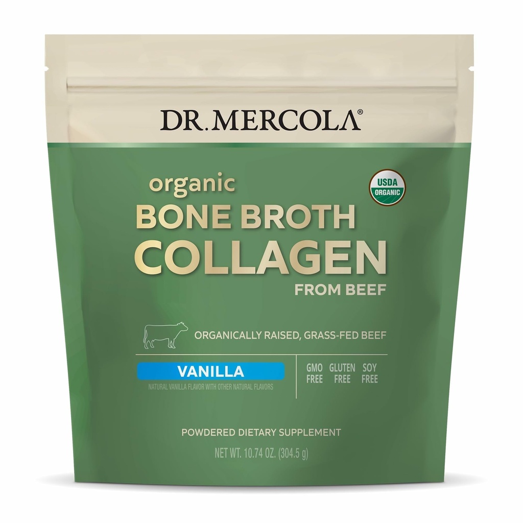 Dr. Mercola Organic Bone Broth Collagen Powder - Unterstützt Knochengesundheit & Muskelwachstum - USDA Organic, Non-GMO, Gluten-Free & Dairy-Free - 30 Portionen - Vanille Flavor