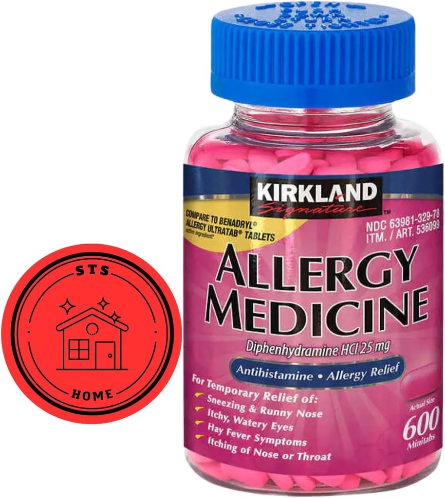 KirkIand Signature Allergy Medicine Diphenhydramine HCI 25 Mg, 600 Minitabs + STS Sticker.