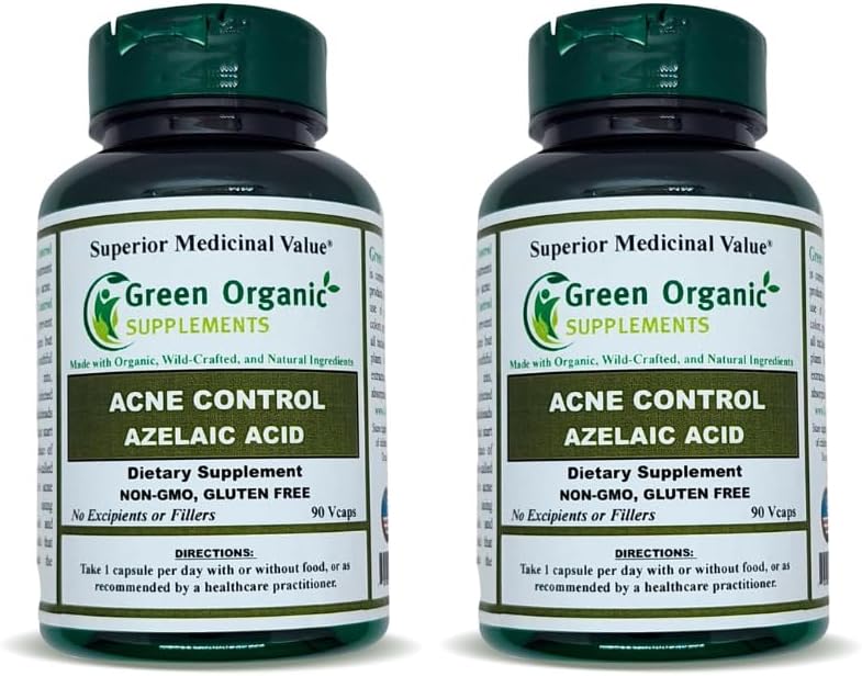 Suppléments organiques verts Acné, Acide azélaïque, 90 VCaps, Haute Absorbable, Non-OGM, Sans gluten, (paquet de 2)