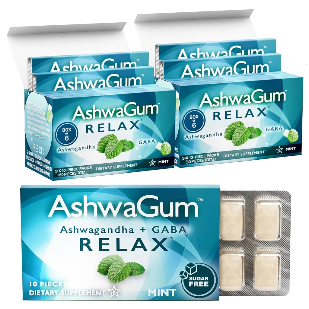 AshwaGum RELAX Gum von BetterGum, High Potency Supplement mit KSM 66 Ashwagandha und Gaba, unterstützt Stress und Zugentlastung, Alternative zu Gummien, Sugar-Free, Paket von 2