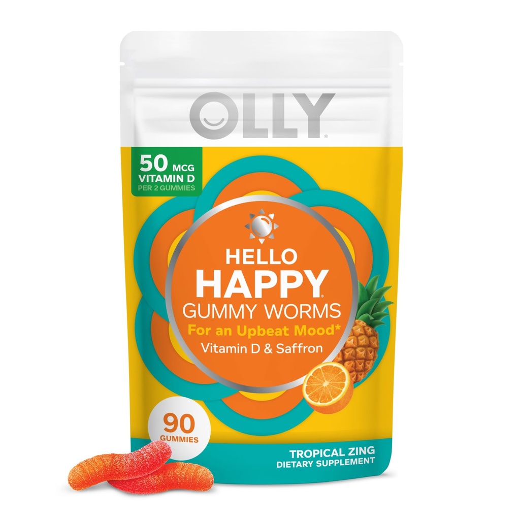 Hello Hello Happy Gummy Worms, Soutien de l'équilibre d'humeur, Vitamine D, Safran, Supplément à croquer pour adultes, Sans gluten, Zing tropical - 90 Comte