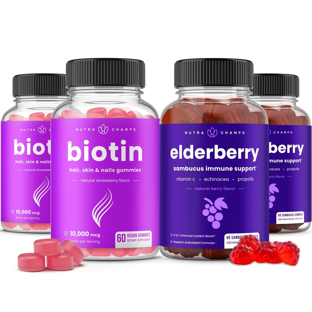 NutraChamps Biotin Gummi (2 Pack) und Elderberry Gummies (2 Pack) 4 Pack Bundle