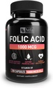 Integratore di acido folico | 1.000 mcg per il servizio, 200 capsule | Sostenere la salute del cuore, supplemento di supporto prenatale | Non-GMO, terza parte testata