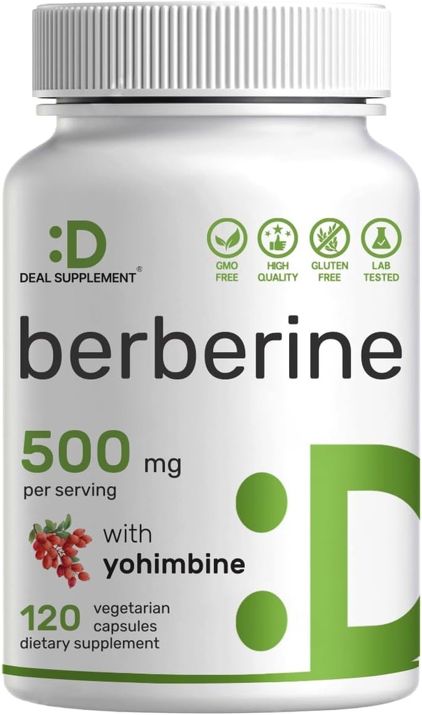 Berberine-Ergänzung mit Yohimbine, 500mg pro Servierung, 120 Veggie Kapseln – Root & Bark-Extrakte – Hohe Absorption Hydrochlorid HCl Formen – Non-GMO, Vegan