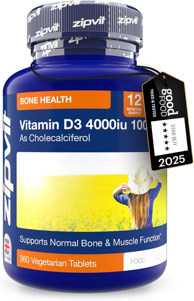 Zipvit Vitamine D3 4000iu x 360 Comprimés - Vitamine D.S. haute résistance soutient la fonction osseuse et musculaire - maintient le système immunitaire