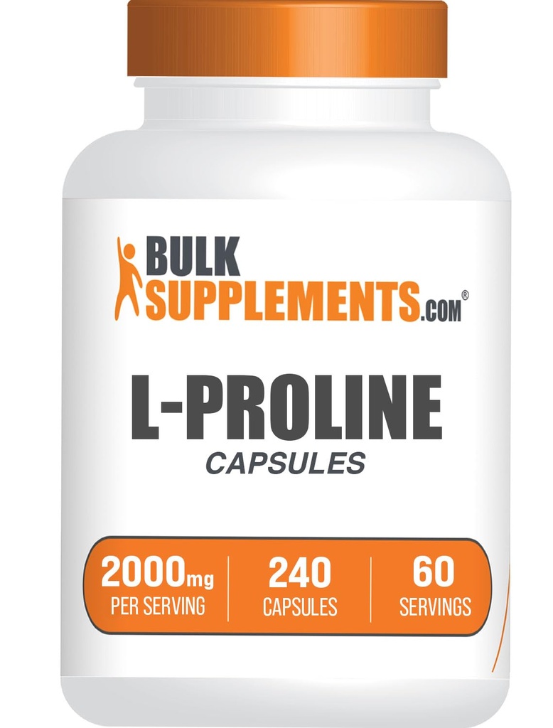 BulkSupplements.com Capsule L-Proline - Integratore Aminoacido, L-Proline 2000mg, Integratori Proline - Gluten Free, 4 Capsule per Serving, 240 Count (Pack of 1)
