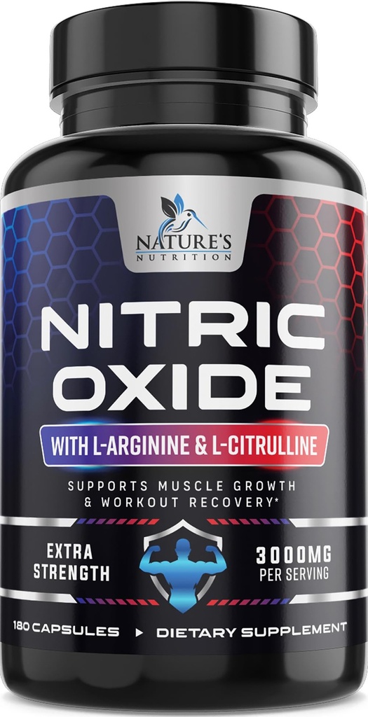 Booster à Oxyde Nitrique Extra Strength 3000mg - 3X Strength L-Arginine & Citrulline, Meilleurs Suppléments à Oxyde Nitrique pour Hommes, Supporte Muscle, Santé Cœur, Supplément Énergie, Embouteillé aux Etats-Unis, 180 Capsules