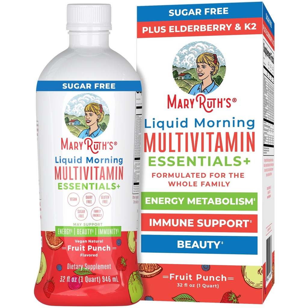 MaryRuth Organics Liquid Morning Multivitamin Essentials+ | Vitamina A C D E B6 B12 Biotin Zinc, Mens Womens Multivitamin, Supporto Immune, Beauty | Sugar Free | Vitamine per Età 1+ | Vegan | 32 Fl Oz