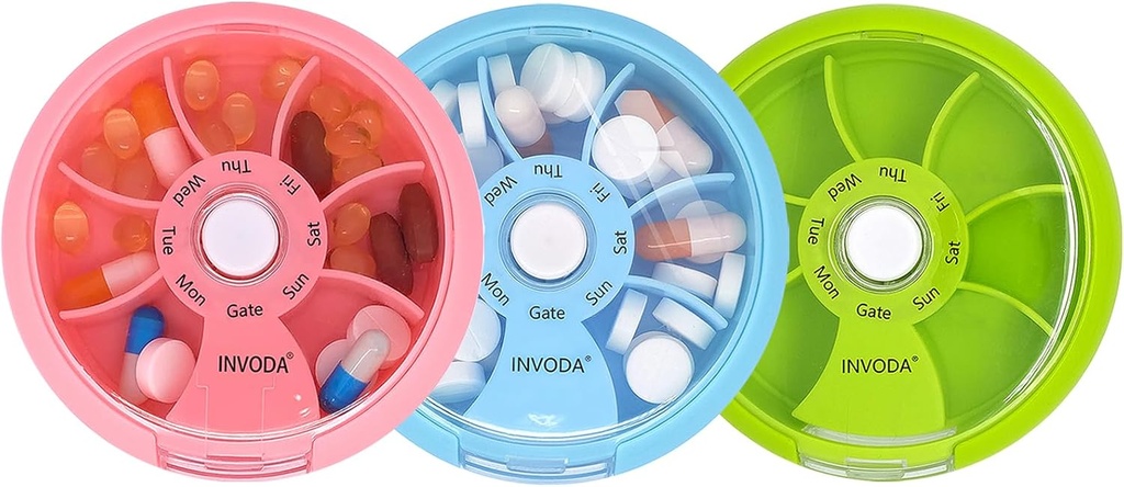 Organizzatore di pillole settimanali INVODA 7 scomparti scatola di pillole rotanti per farmaci giornalieri e vitamine - caso di pillole di viaggio portatile Pesce olio Supplementi Vitamine organizzatore (Pink+Sky Blue+Green)