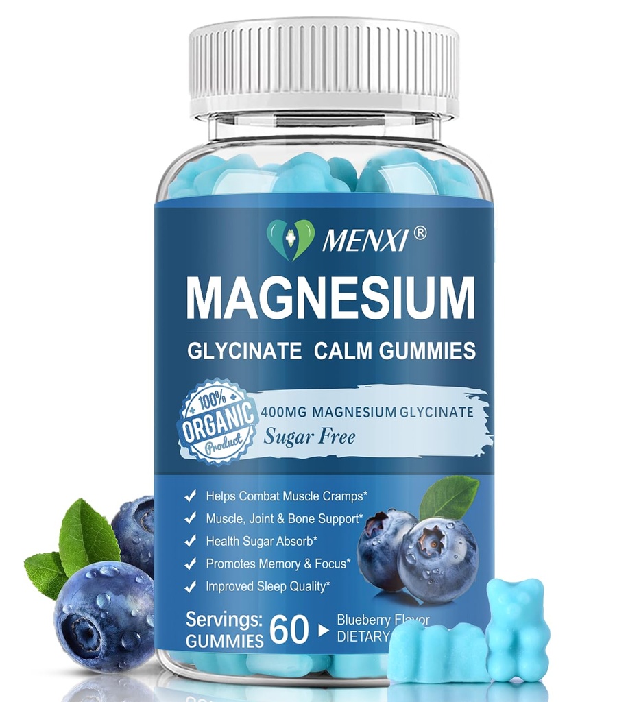 Magnesium Gummies 600mg per Serving-Magnesium Glycinate 400mg and Magnesium Malate 200mg,Sugar Free Magnesium Potassium Supplement for Calm Mood, Muscle, Bone & Sleep Support,60 Blueberry Gummies