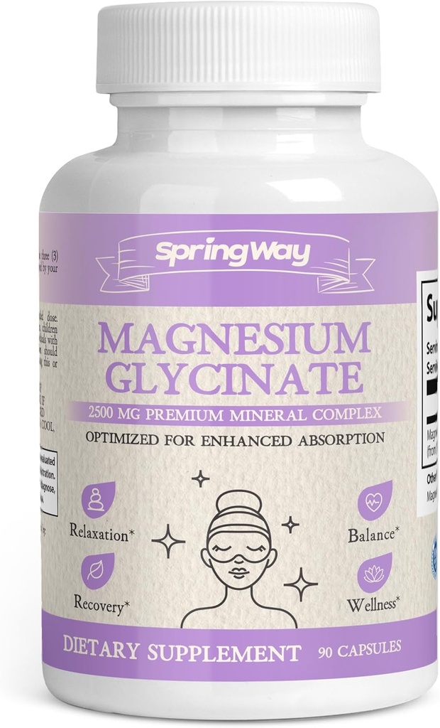 Spring Way Magnésium Glycinate 2500mg de magnésium hautement absorbant pour le soutien des nutriments.