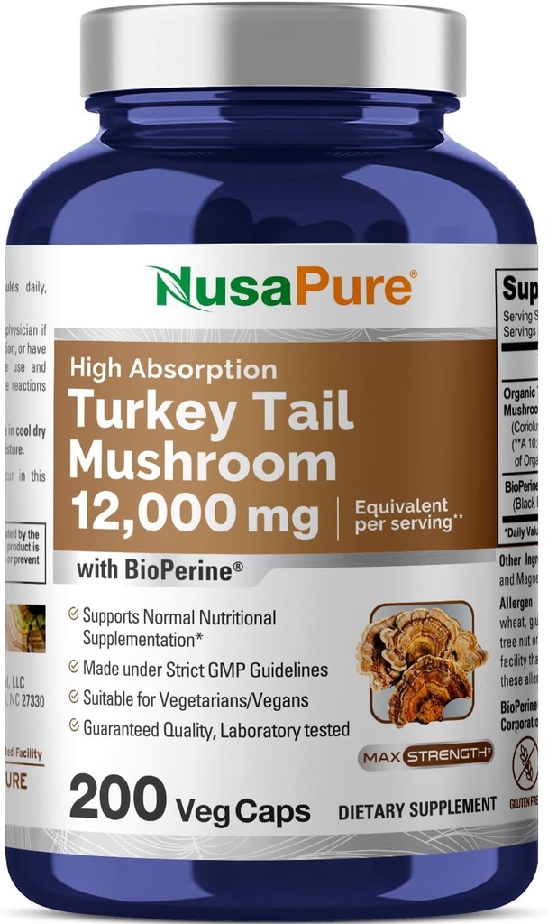 NusaPure Turkey Tail Mushroom Capsules, 10:1 Extrakt, 1200 mg Equivalent zu 12.000mg, 200 Vcaps, Non-GMO, Glutenfrei, Bioperine