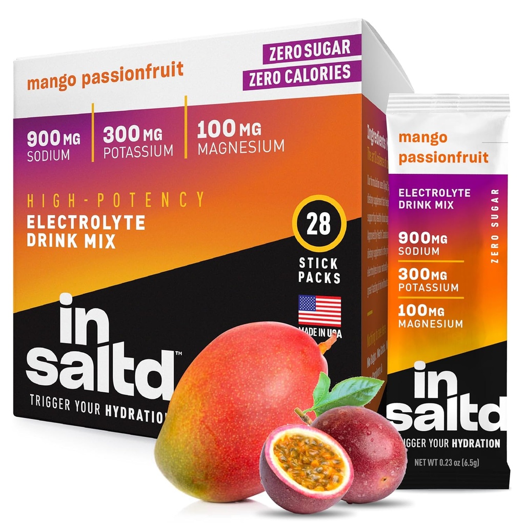 InsalTDTM Packs de poudre sans électrolytes de sucre sans afteraste de Stevia Packs d'hydratation haute puissance de Keto boissons électrolytes de choix Mélange de boissons à jeun intermittente de 28 Pack (Mango Passionfruit)