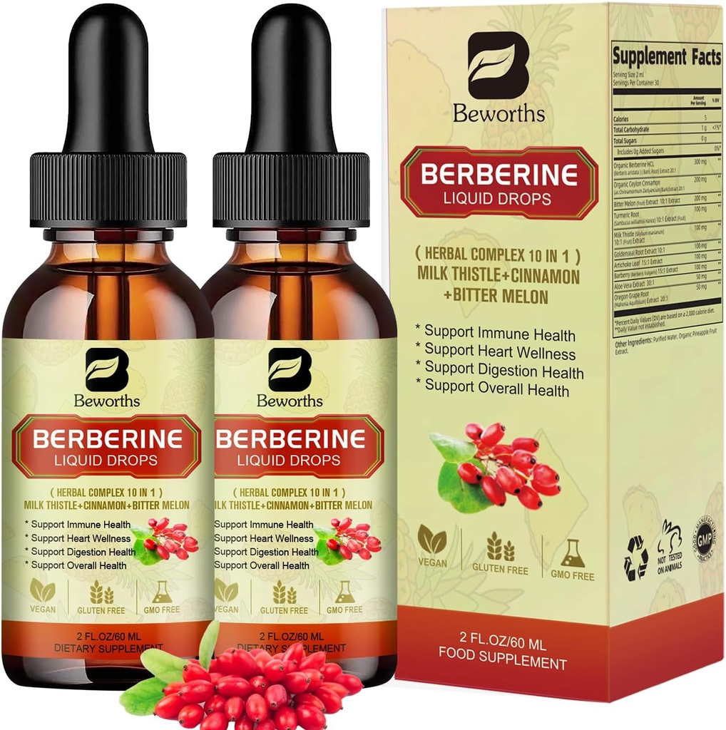 2Pack Berberine Supplement - Berberine Flüssigkeitstropfen mit Ceylon Cinnamon, Turmeric, Bitter Melon, Milk Thistle, Berberine HCL Supplement aktiviert AMPK & GLP-1 für Verdauungssystem Unterstützung