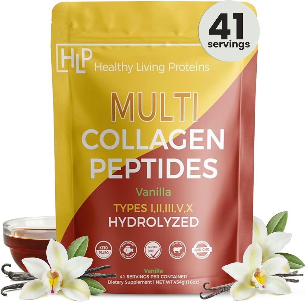 Proteine viventi sane - Peptidi multi collagene idrolizzati Tipi di polvere I, II, III, V & X - Grass Fed Bovine, Wild Caught Marine, Free Range Chicken - Gluten Free (Vanilla, 16 oz)
