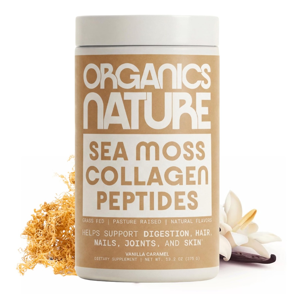 ORGANICS NATURE Collagen Peptides Pulver mit Irish Sea Moss Vanille Caramel Flavored | Natürlich Sourced Hydrolyzed Collagen w/Biotin für Haar, Haut, Nagel, und Joint Support 30 Servicings 380 gr