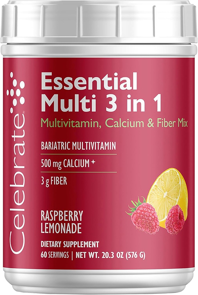 Celebrare Vitamine 3-in-1 Multivitamina Bariatrica con Calcium Citrate Drink Mix - 500mg Calcium, Gluten Free, Sugar Free - Miscela di Polvere per Chirurgia Post Bariatrica - Rasp Lemonade (60 Serve)