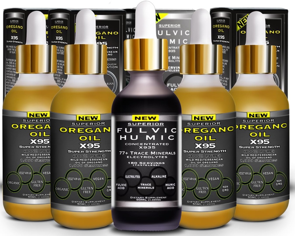 Acido Fulvic Humic Trace Mineral Drops with Electrolytes Plus Olio di Oregano Gocce Super Forza Più Versatile Poi Olio di Oregano Softgels and Capsules