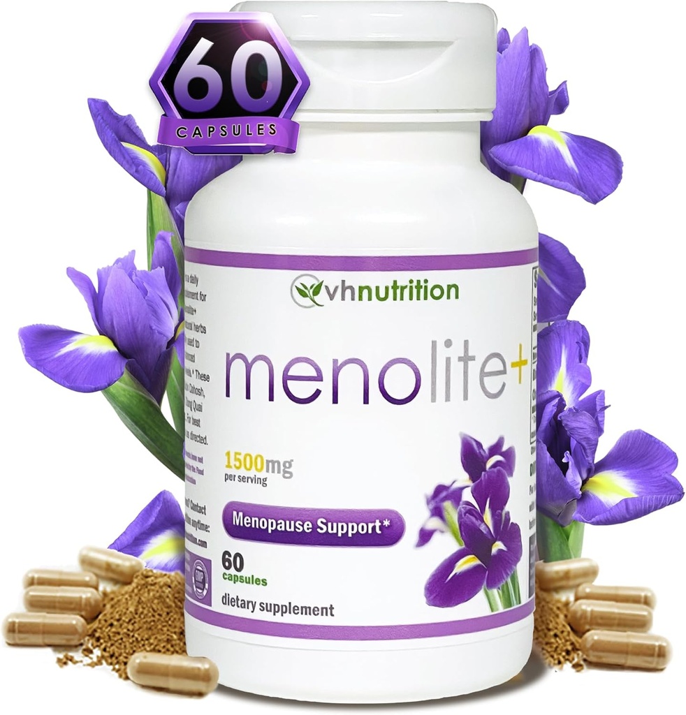 VH Nutrition MENOLITE+ | Menopause Supplement* für Damen | Maximum Strength Hormonal Support* und Hot Flash Relief* | Natürliche Formel für Menopause Symptom Relief | 60 Kapseln