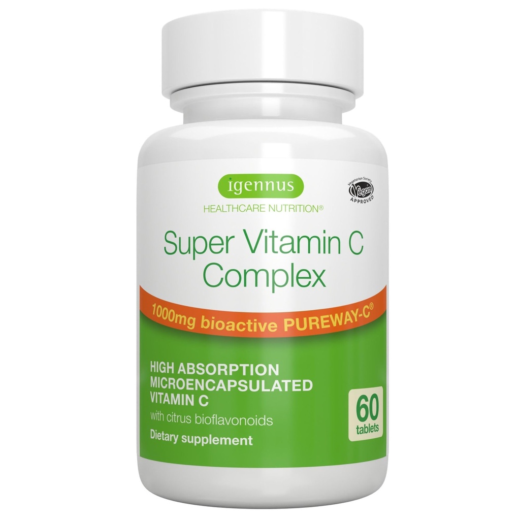 Igennus ad alto assorbimento Super Vitamina C, Clean Label Pureway-C 1000mg, Vegan Vitamin C con Bioflavonoidi, 60 Serve, 24-ore Azione, Salute Immune, Energia, Cuore e Cervello