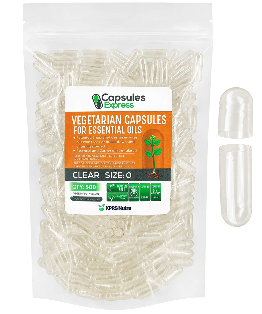 XPRS Nutra Size 0 Empty Vegan Capsules - 500 Count Clear Veggie Capsules for Essential Oils - Empty Vegetable Do-It-Yourself Caps Filling Works with Most Essential Oils