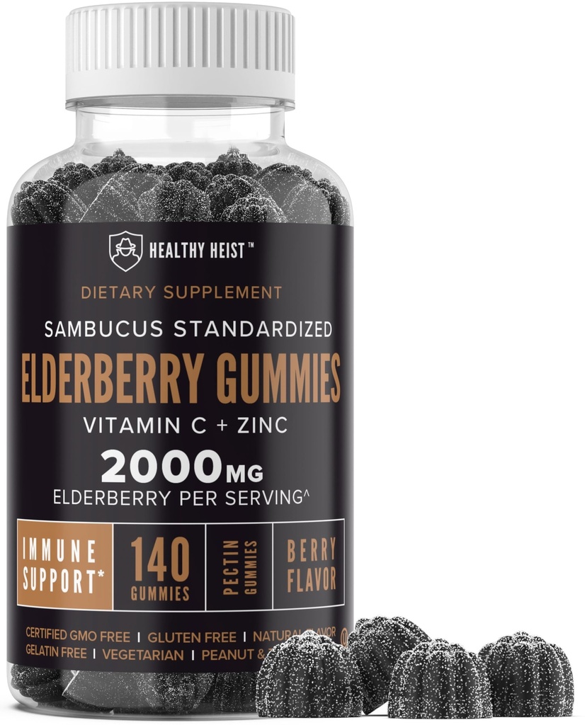 Sambucus Black Elderberry Gummies mit Zink und Vitamin C, 140 Gummi, Kaubare Immununterstützung für Erwachsene und Kinder, Non GMO, Kosher, Pectin, Vegan, Delicious Berry Flavor