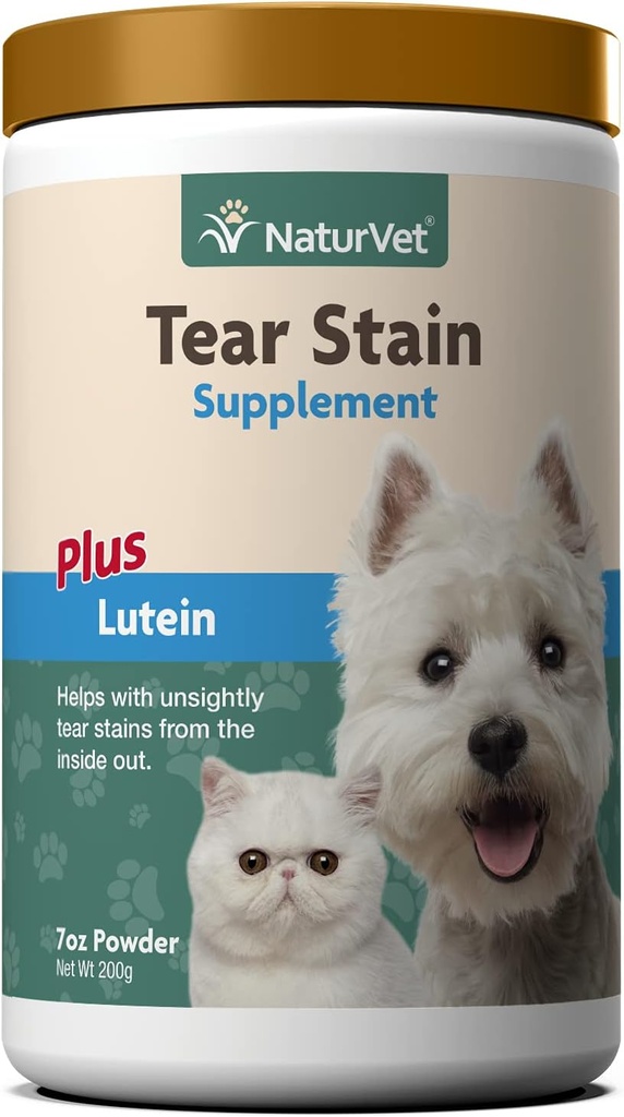 NaturVet – Tear Stain Plus Lutein | Eliminates Unsightly Tear Stains | Verbessert mit Cranberry Extract, Calcium Ascorbate & Oregon Grape Root | für Hunde & Katzen | 200 Gramm Pulver