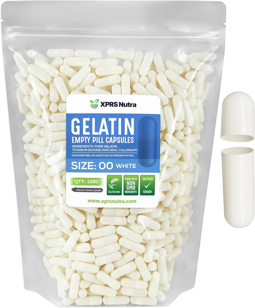 XPRS Nutra Größe 00 Leere Kapseln - 1000 Graf Leere Gelatine Kapseln - DIY Kapsel Füllung - Fillable Pill Gel Kapseln für Do-It-Yourself Ergänzungen (Weiß)