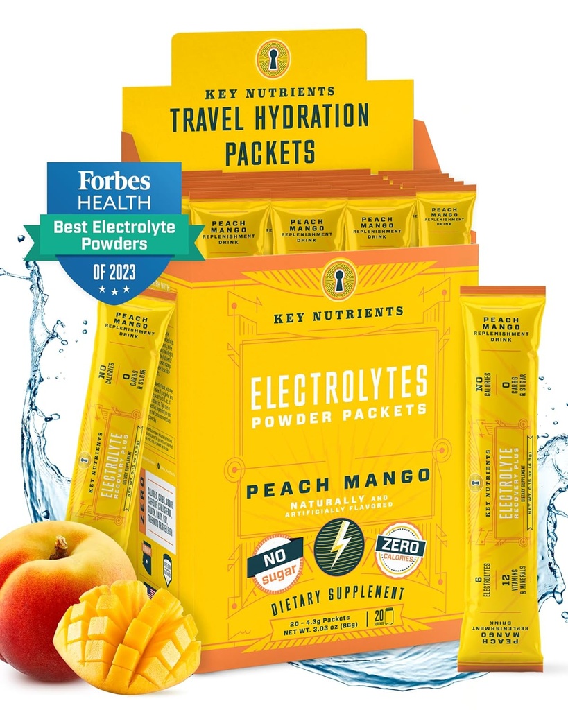 KEY NUTRIENTS Elektrolyte Pulver-Packets - Tropical Peach Mango 20 Pack Hydration Packets - Travel Hydration Powder - Kein Zucker, keine Kalorien, Glutenfrei - Made in USA