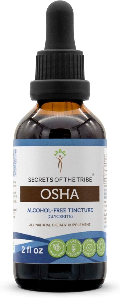 Segreti della Tribe OSHA Tincture Alcohol-Free Extract, High-Potency Herbal Drops, Tincture Fatto da Responsibilmente allevato OSHA Ligusticum porteri Respiratory System Health 2 oz