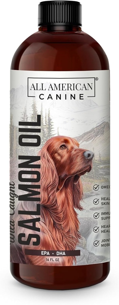 Huile de saumon capturée sauvage Source optimale Omega 3 Huile de poisson Complément alimentaire liquide pour chiens peau, manteau, joint, et santé immunitaire, 16 fl oz