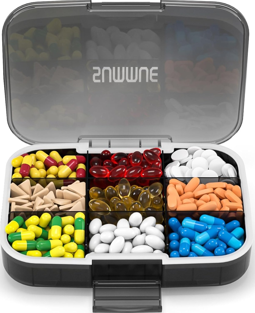 Grand Organisateur de Pill, 9 Compartiments Portable Pill Box Cas de preuve d'humidité, XL Pill porte-conteneur pour vitamines, huile de foie de morue, suppléments, médicaments (noir)