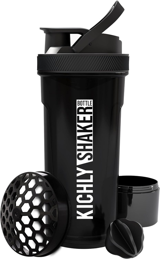 Bottiglia di Shaker di KICHLY 1 Pack - Bottiglia di Shaker di proteine di 24 oncia per l'allenamento pre e post con stoccaggio della scatola di proteine di Twist & Lock (nero)