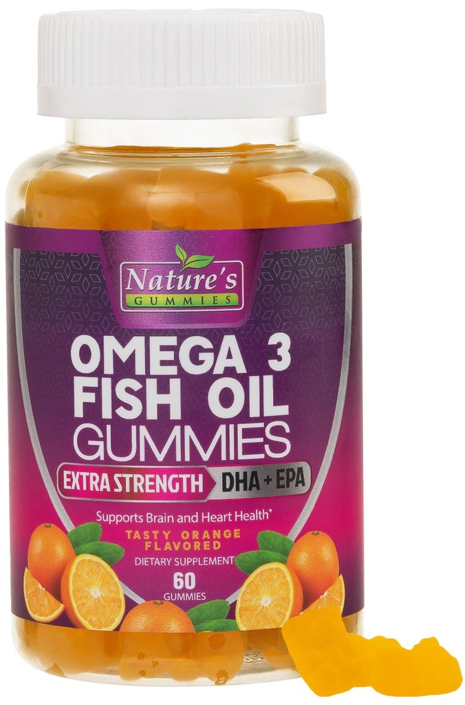 Omega 3 Fish Oil Gummis, Herz Gesund Omega 3 Gummy Supplement mit hoher Absorption DHA & EPA, Extra Strength Joint & Brain Support, Delicious Orange Flavor Fish Oil Nature's Vitamin - 60 Gummis