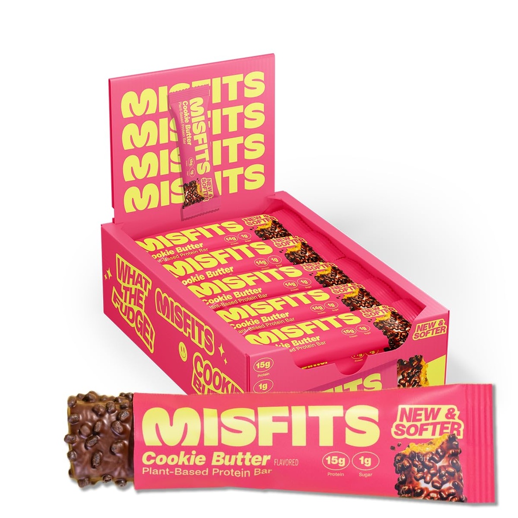 Misfits Vegan Protein Bars, Cookie Butter - Aktualisierte Rezept | Plant Based, Low Sugar & Carb, High Fiber Snacks | Pack von 15