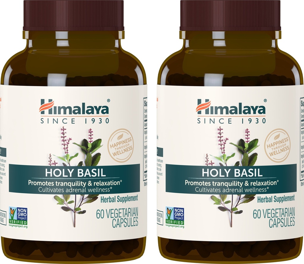 Himalaya Heilige Basilikum, 60-Tage-Versorgung - Kräuter Adrenal-Unterstützung für Stress-Relief, Entspannung, Energie-Unterstützung und okzialen Schlaflosigkeit - Vegan, Non-GMO, Glutenfrei, 720 mg, 60 Kapseln, Packung von 2