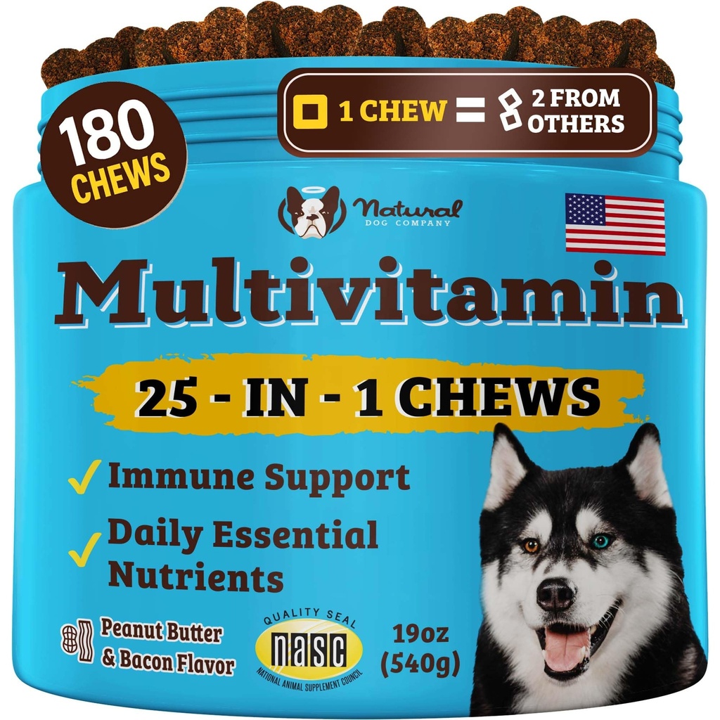 Natural Dog Company 25-in-1 Multivitamin Chews für Hunde – 180 Count Value Pack – Tägliche weiche Hunde-Vitamine mit Antioxidantien, Zink & Folsäure – Unterstützt Gelenke, Haut & Coat, Immun & Herzgesundheit