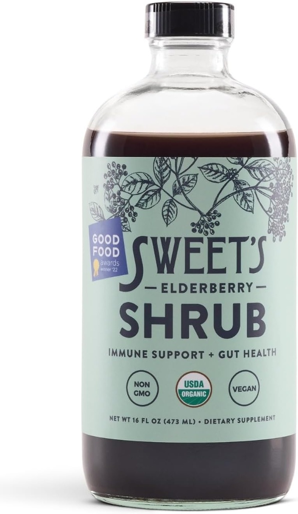 Sweet's Elderberry Organic Shrub | USDA Organic | Verdauungs- und Immununterstützung | Vielseitiges Trinken Essig | Mocktail Mixer | 16 oz Recyclable Bottle