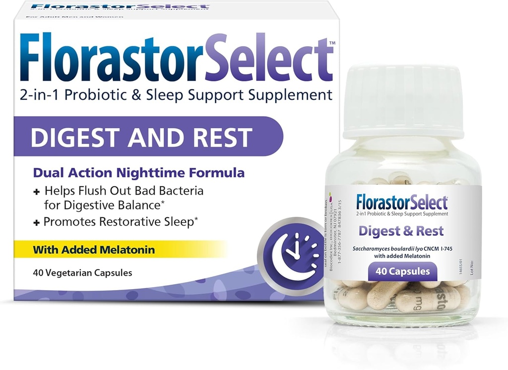 Florastor Probiotic Digest and Rest, Saccharomyces Boulardii Probiotics mit Melatonin (4mg), natürliche Schlafhilfe + Verdauungsunterstützung, 40 Kapseln