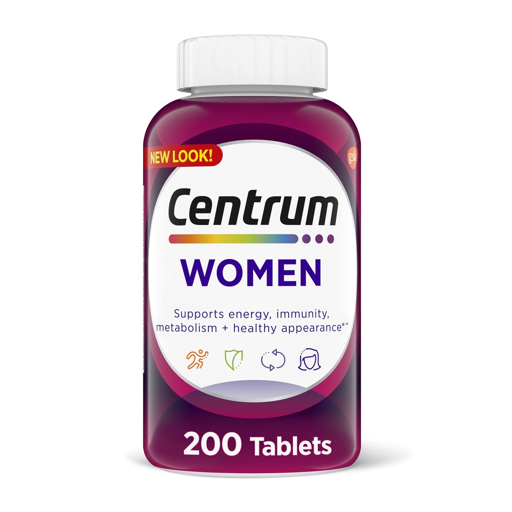 Comprimé multivitamine centrum pour les femmes, supplément multivitamine/multiminéral avec fer, vitamine D3, vitamine B et vitamines antioxydantes C et E, sans gluten, ingrédients non OGM - 200 Nombre