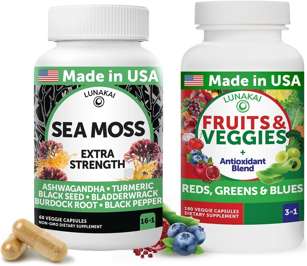 Lunakai USA Made Superfood Fruits & Veggies Supplement & Irish Sea Moss Bundle mit 4 Blends, Black Seed Oil & Ashwagandha für Immun- & Wellness-Unterstützung
