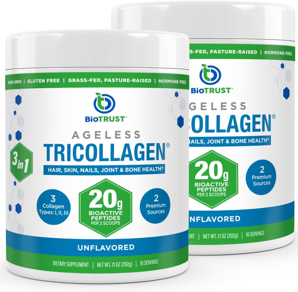BioTrust Tri Collagen Powder - Polvere di peptidi di collagene idrolizzato 3-in-1 (Types I, II, & III) - Polvere di proteine del collagene dell'erba per l'invecchiamento, la pelle, i capelli, la salute comune di Bone & - non aromaed, 2-Pack