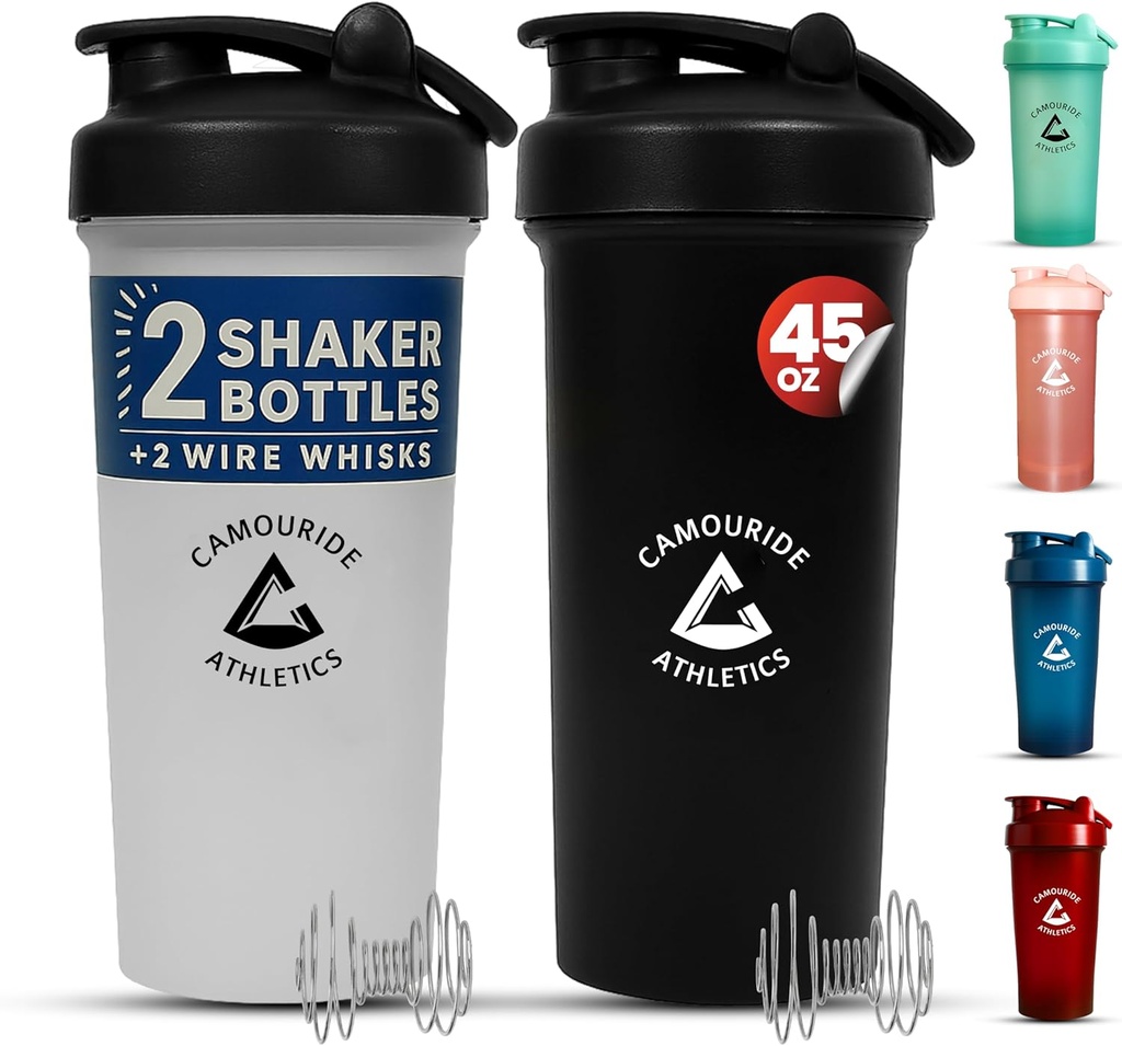 2 Pack 45 oz Protein Shaker Bottiglie con filo Whisk – BPA-Free, Leak-Proof Shaker Cups per Protein Shakes & Smoothies – Grande bottiglia di miscelatore di plastica – Classic White & Midnight Black